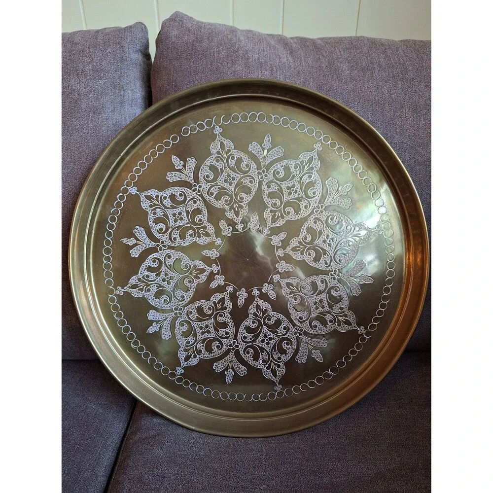 XL Vintage Brass Tray, Ornate Floral Design (20 inch)